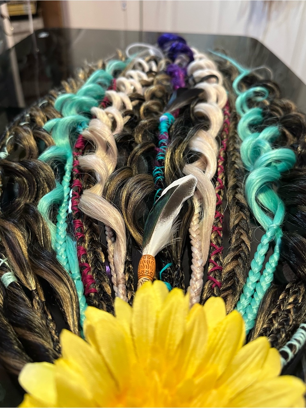 Colorful Braided Hair Extensions with Turquoise, Blonde & Black Accents